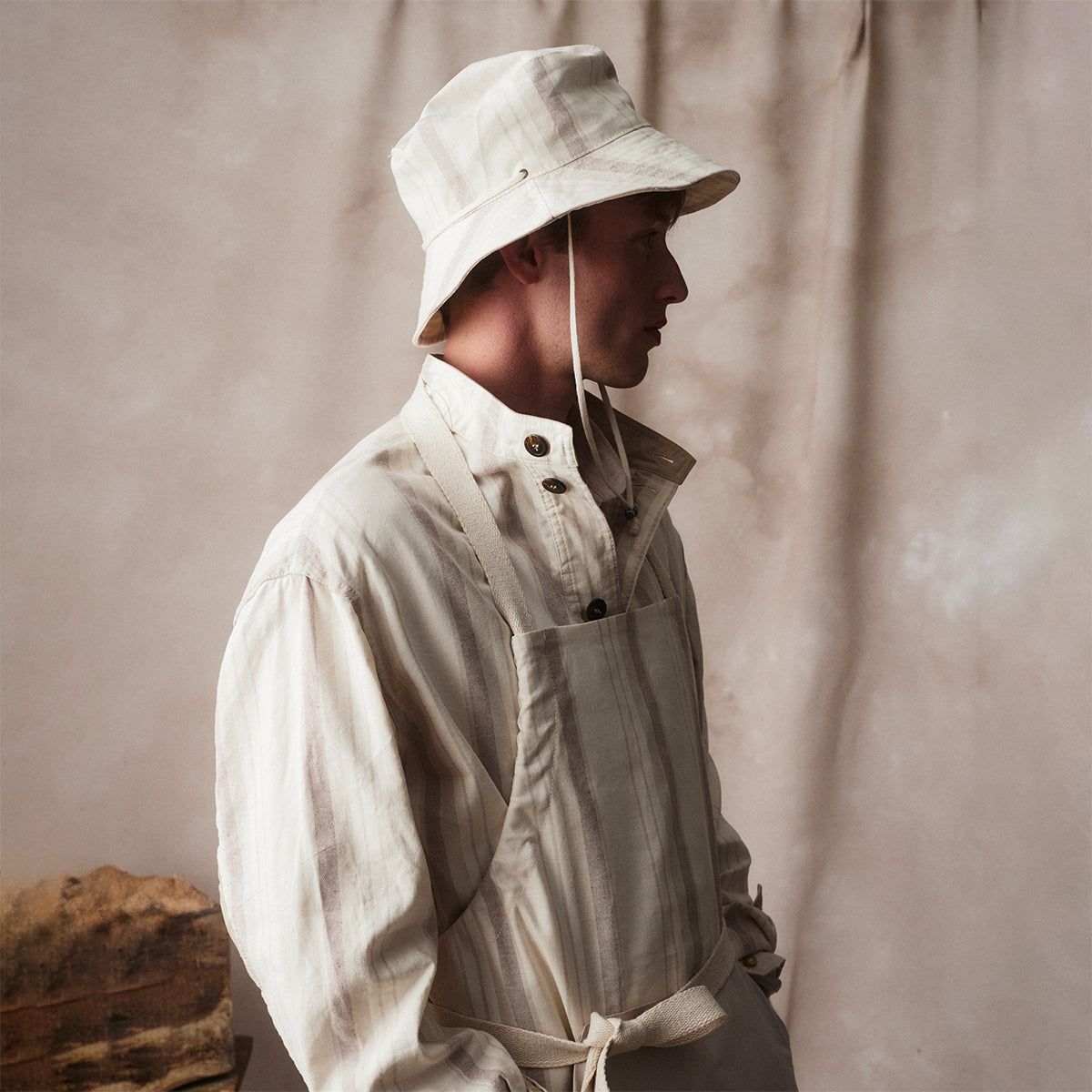 Striped Cotton-Linen Set: Bucket Hat, Anorak & Garden Apron
