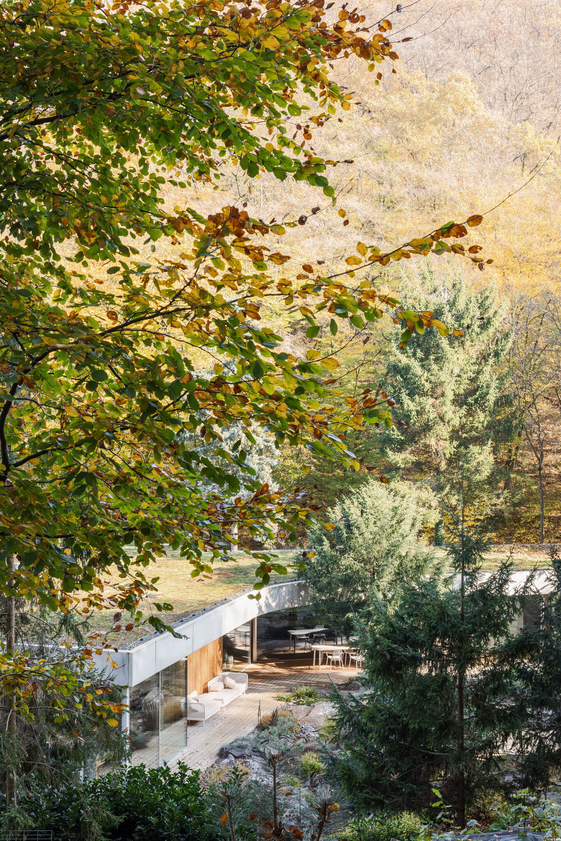 The Banánka house is embedded in a mature landscape