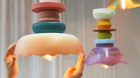 colourful stacked ceramic lamps and bowls